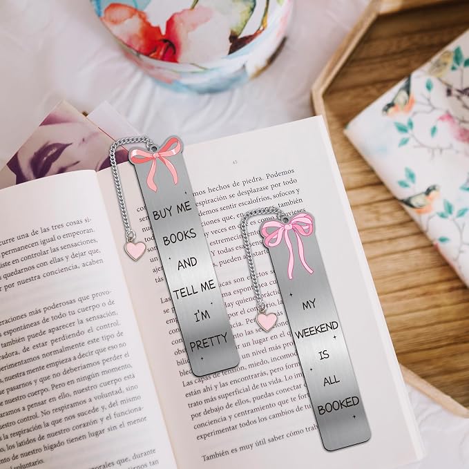 Pink Bow Bookmarks for Women - 2 PCs Cute Girly Metal Book Marks Girls Gifts Charm Unique Aesthetic Page Makers Reading Kids Book Lovers Bookish Birthday Student Teacher School Accessories