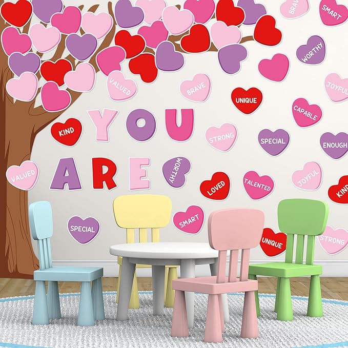 JarThenaAMCS 61Pcs Valentine Classroom Tree Bulletin Board Decorations Red Pink Purple Conversation Heart Cutouts for Classroom School Office Chalkboard Wall Decor
