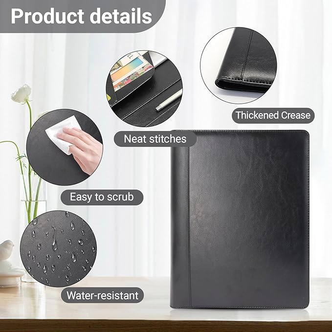 Professional Portfolio Binder, Faux Leather Padfolio for Resume, Note-Taking & Meetings, A4 Letter Writing Pad Holder for Women & Men, Black