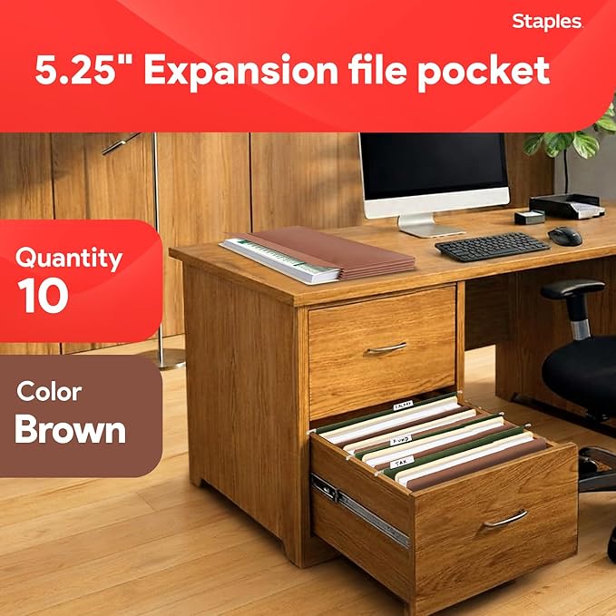 Staples Reinforced File Pockets, Legal Size, 5.25‑Inch Expansion, Heavy‑Duty Brown Accordion Folders with Strong Gussets – 10/Pack