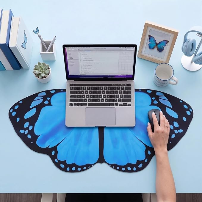 Tellegloww Large Blue Butterfly Gaming Mouse Pad Desk Mat Decorative Butterfly Keyboard Desk Mat with Non-Slip Base Table Accessories for Office Home Study 35.43 x 15.75 Inches
