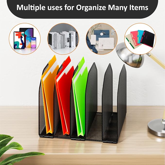 FUCDTEFC Desk File Organizer, Adjustable 5 Sections Upright Desktop Organizer File Sorter, Sturdy Metal Mesh Vertical Bookshelf File Holder Workspace Accessories for Home,School,Office Classroom,Black