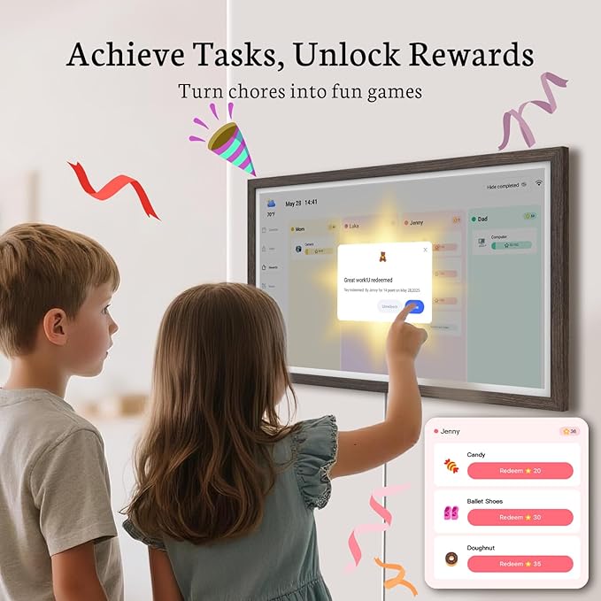 BSIMB 27 Inch Digital Calendar Wall Touch Screen - Chore Chart, Meal Planner, Rewards System, Photo Display, Smart Electronic Calendar Interactive Hearth Display for Family Planner Seamless Scheduling Dark Wood