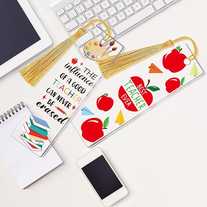 AFRITEE UV DTF Wraps Stickers - 24 Pcs Boho Thank You Teacher Theme Acrylic Bookmark Sticker, Pencil Apple Floral Cold Transfer Stickers for Bookmarks Uvdtf Decals Wrap Creative Gifts for Teachers