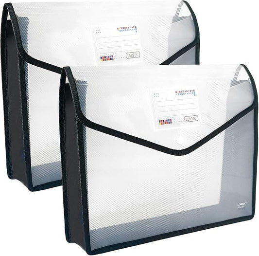 YoeeJob Plastic File Folders Legal Size Expandable Document Folder with Snap Button Closure, A4 Expanding File Wallet Envelopes Pouch with Label Pocket, 2 Packs, Black