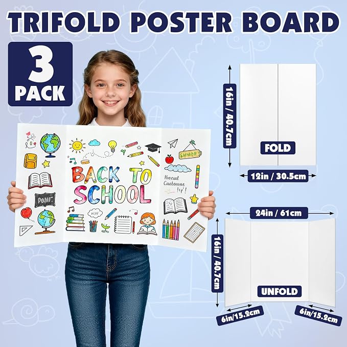 3 Pack Trifold Poster Board, 16in x 24in Corrugated Project Board, White Presentation Board, Trifold Display Board for School Project, Business Presentation, Science Fairs, Event Display