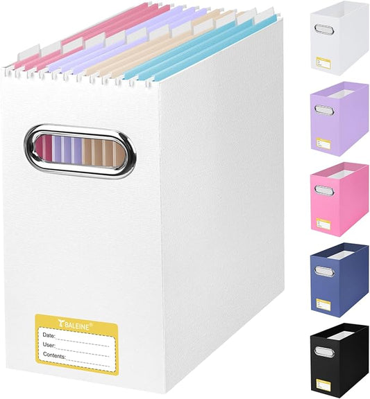 BALEINE File Organizer Box, Cardboard File Folder Organizer with Handle for Letter Size, Portable Collapsible Hanging Filing Box for Home Office Document Storage (1 Pack, White)