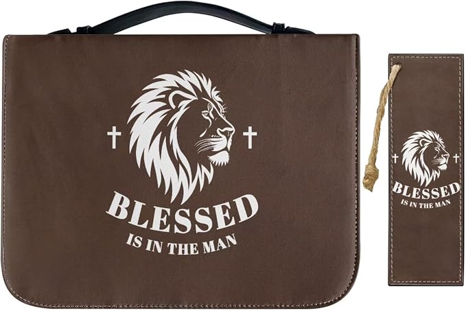 Retro Religious Style Lion Bible Case with Bookmark Waterproof Bible Cover Case for Women Lightweight Bible Bag with Handle Pockets Church Book Bag Brown