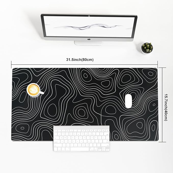 Colorful Star Large Mouse Pad, Black Topographic Desk Mat Office Supplies, Waterproof Faux Leather Big Gaming Mousepad, Black Topography Map Desk Pad Home Office Décor Accessories 31.5" x 15.7"