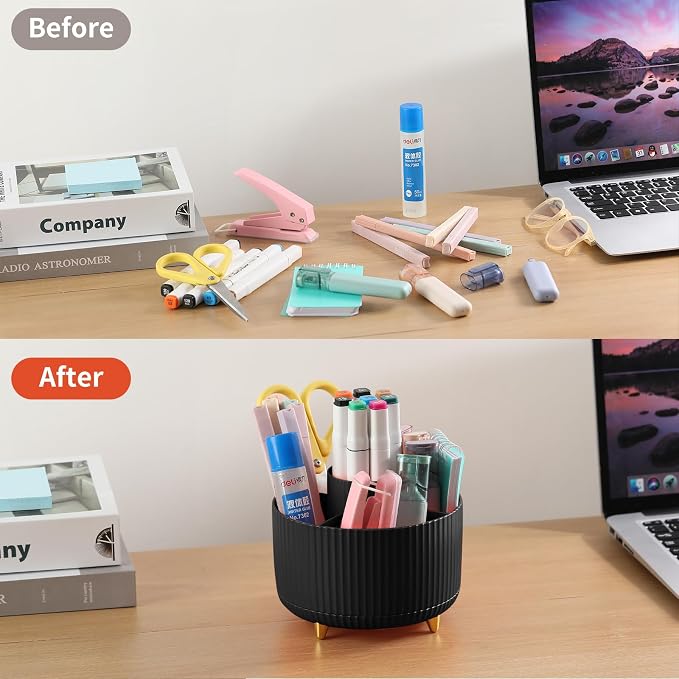 Desk Pencil Pen Holder, 5 Slots 360°Degree Rotating Pen Organizers for Desk, Desktop Storage Stationery Supplies Organizer, Cute Pencil Cup Pot for Office, School, Home, Art Supply, Black