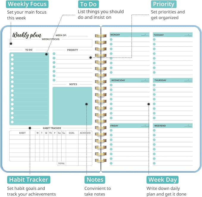 Taja Undated Weekly Planner, Weekly To Do List Notebook with Goal & Habit Tracker Organizer, A5 Weekly Planner Notebook with Spiral Binding, 6.1" x 8.2" - Blue