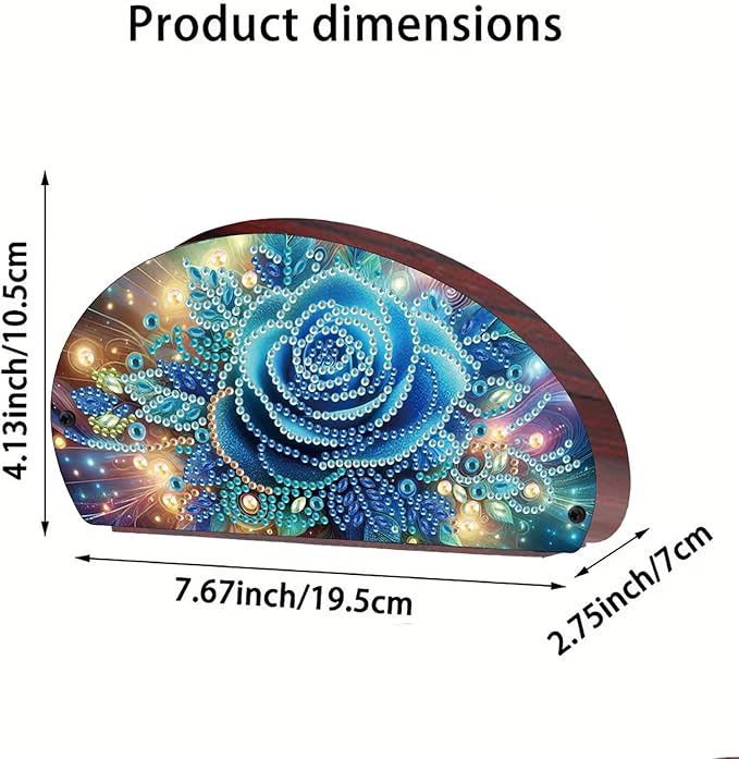 Remote Control Holder with 4 Compartments, DIY Diamond Art Painting Wooden Half Moon TV Control Holder for Remote Controllers, Office Supplies, Makeup Brush, Media Accessories-Blue Rose