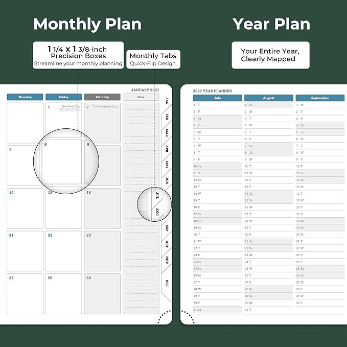 Weekly Monthly 2026-2027 Planner (July 26-Dec 27),8.5"x6.5",18 Months Agenda Plan with Month Tabs & Pocket,Expenses/Note Pages, Academic Calendar with Vegan Leather Cover,Green