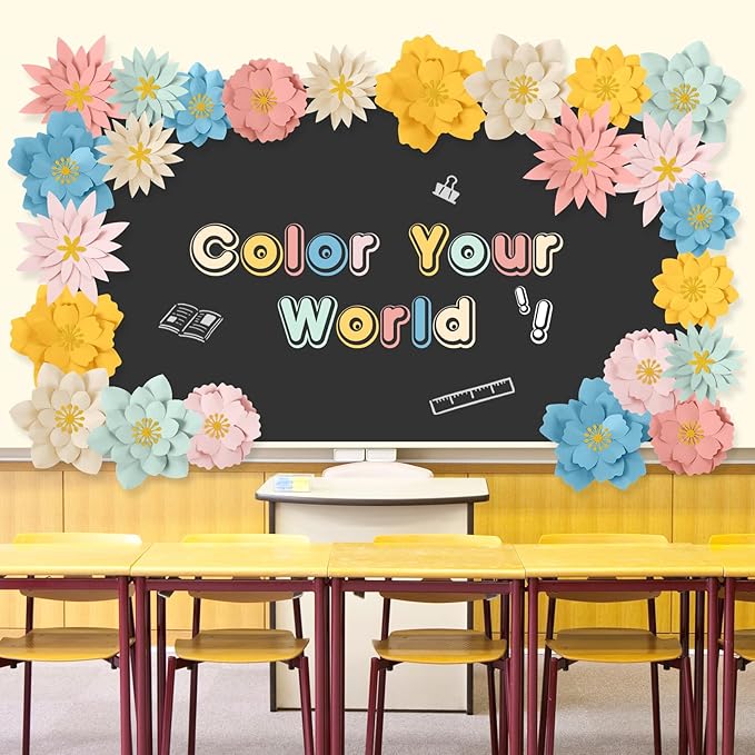 MotiMind 12 Pcs Paper Flowers Decorations for Wall DIY Paper Flowers Bulletin Board 3D Handcrafted Backdrop Decoration for Classroom Back to School Party(Morandi Color)