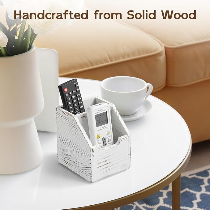 Remote Control Holder, TV Remote Holder, Wood Farmhouse Remote Caddy for Table, Remote Organizer Caddy with 3 Slots, Remote Storage Box for Home Office (Rustic White, 2 Slots)