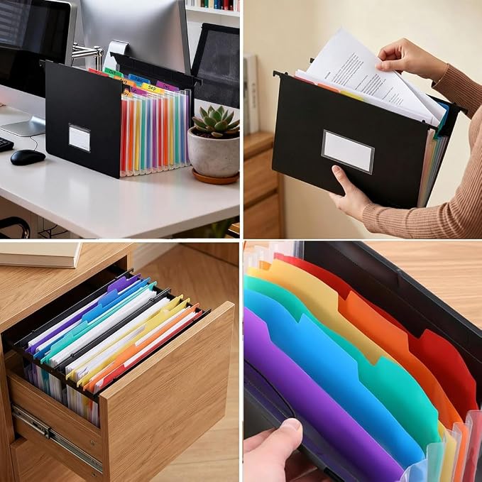 Expanding Hanging File Folders Extra Capacity Filing Folders 13 Accordion Pockets Accordian Plastic Heavy Duty Black Organizer File