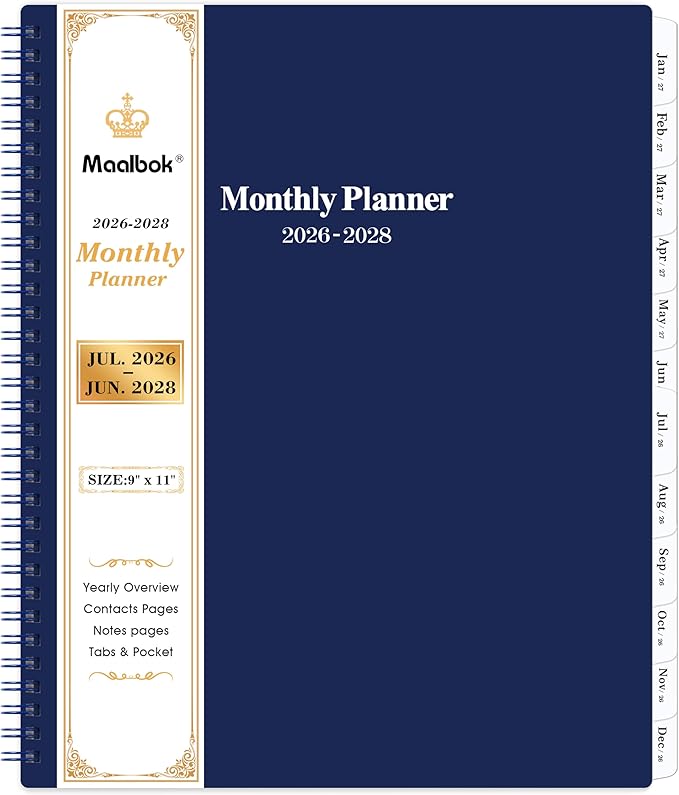 2026-2027 Monthly Planner - Monthly Calendar 2026-2027 with Two-Side Pocket, January 2026 - December 2027, 9" x 11", 2 Years Calendar Planner, Cardboard Cover