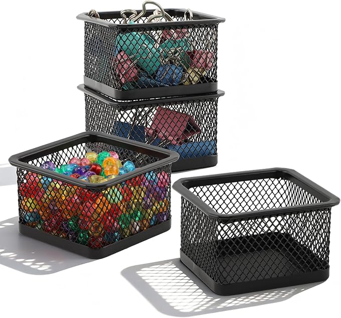 Paper Clip Holder, Stackable Mesh Desk Organizer, 4 Pack Black Metal Dispenser Organizer Box for Desk Office Binder Supplies & Small Accessories(Size:Square)