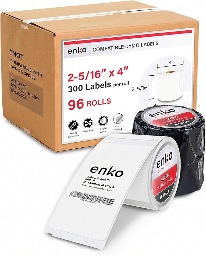 enKo (96 Rolls, 28,800 Labels) Address, Shipping & Barcode Labels 30256 (2-5/16 x 4") Compatible for Dymo LabelWriter