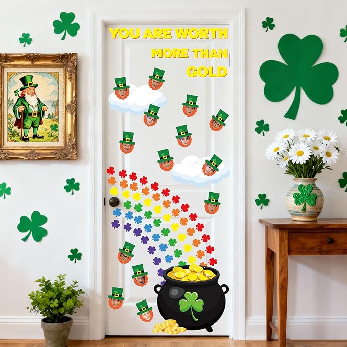 AnyDesign St. Patrick' s Day Classroom Door Decoration Bulletin Board Set Shamrock Clover Gold Coin Pot Paper Cutouts for Irish School Classroom Chalkboard Wall Door Welcome Decor