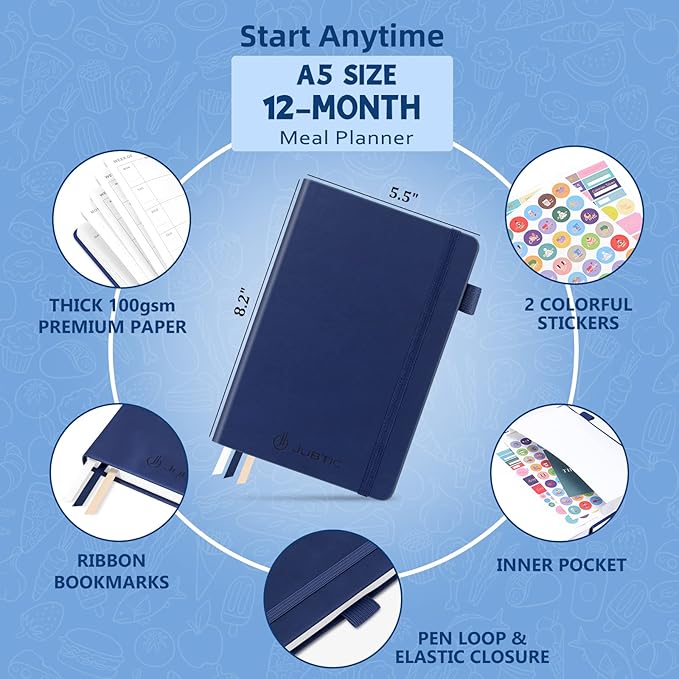 JUBTIC Weekly Meal Planner Notebook, Food Journal Daily Meal Prep Journal with Shopping and Grocery Lists for Food Planning Menu Planning Healthy Diet or Weight Loss Tracking, Last 1 Year,Undated, A5, Navy Blue