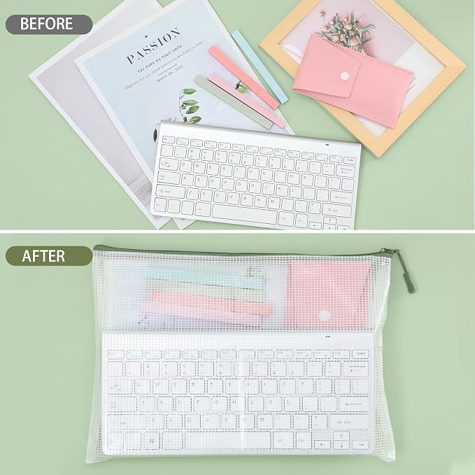 Feifeiya 24 Pack Sage Green Mesh Zipper Pouch Bags, A4 Size Clear Mesh Zipper Storage Bag Bulk for School Office Organization