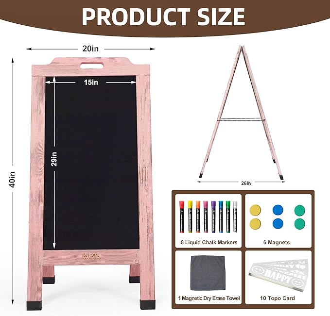 Magnetic Portable A-Frame Chalkboard Signs, 40" x 20" Large Wood Sandwich Board Signs Outdoor, Double-Sided Sidewalk Standing Chalk Board for Business, Wedding, Vendor Display, Coffee Shope - Pink