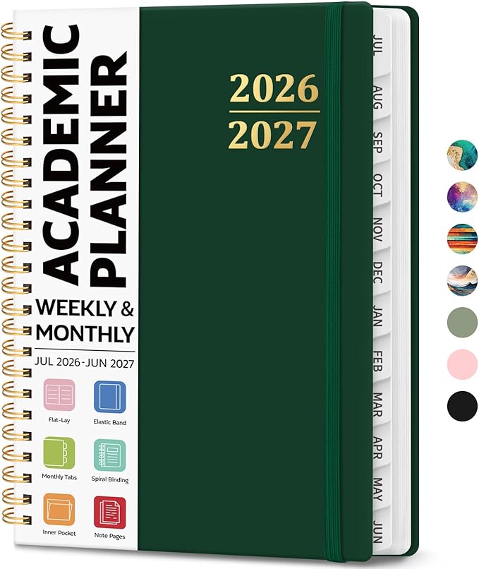 Academic Planner 2026-2027, Weekly and Monthly Calendar Planner Book, July 2026 – June 2027, Hardcover Organizer with Tabs, Perfect for Teachers, Students, Women & Men, A5 (6.4" x 8.5") - DarkGreen