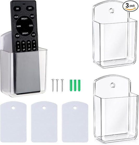 3 Pack Remote Control Holder Wall Mount, Adhesive Remote Holder with Screw Installation Storage Organizer for TV/Media/Air Conditioner Remotes For Home Office School Clear