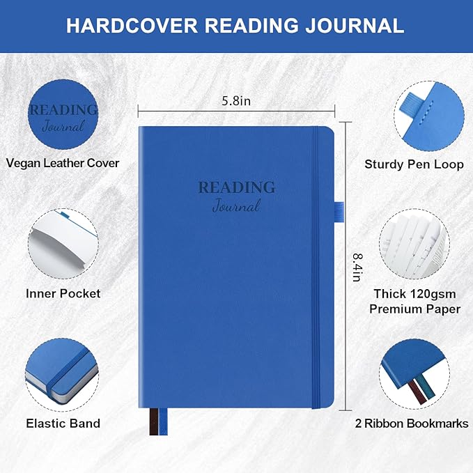 Reading Journal with 104 Book Reviews, Book Journal for Books Lovers & Readers - Review and Track Your Reading Progress, Reading Log Notebook Gift, A5, Navy Blue