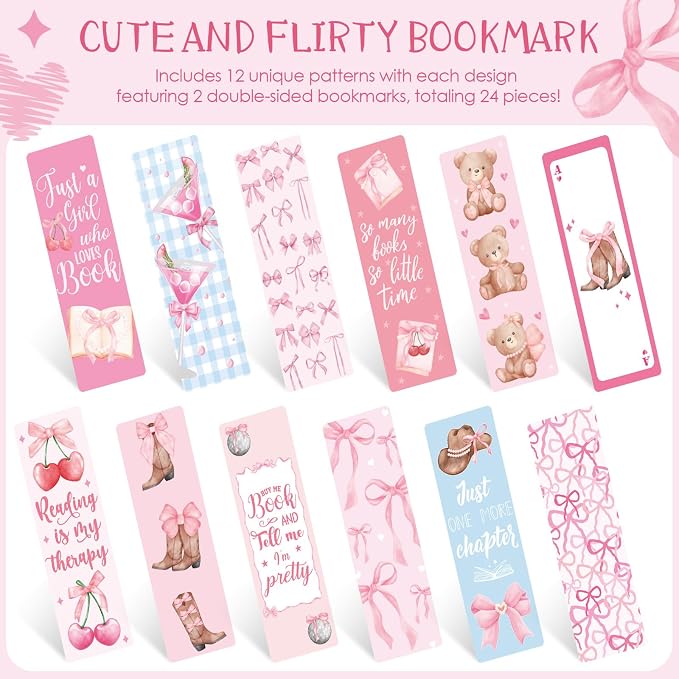 Coquettte Bows Paper Bookmarks for Women - 24 Pcs Pink Bow Cherry Paper Bookmarks for Girl, Cute Panda Cowboy Hat Bookmarks Creative Gift for Girlfriend Student Teacher Book Lover