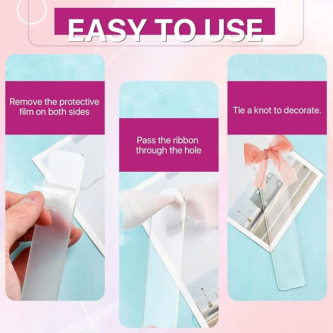 50 Pcs Acrylic Bookmark Blanks, Clear Acrylic Bookmarks Making Kit with 2 Rolls Ribbon, Plastic Blank Bookmarks Bulk for Reading Lovers, DIY Crafts, Graduation Gift Tag