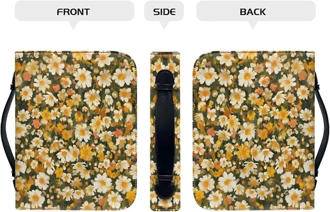 Bible Cover Case for Women,Daisy Print Carrying Book Case for Bible Accessories Leather Carrying Case with Handle&Zippered Pocket A Christian Gift for Women-XXL
