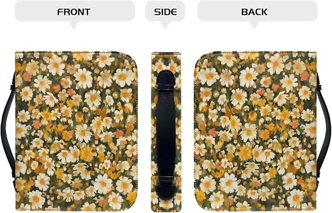 Bible Cover Case for Women,Daisy Print Carrying Book Case for Bible Accessories Leather Carrying Case with Handle&Zippered Pocket A Christian Gift for Women-XL
