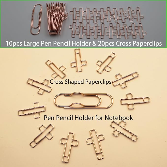 20pcs Metal Cross Paperclips & 10pcs Pen Holder Set Bible Rose Gold Decor | Rose gold Christian art decor with pink travel organizer, creative bookmarks for Bible journal, notebook, planner stationery