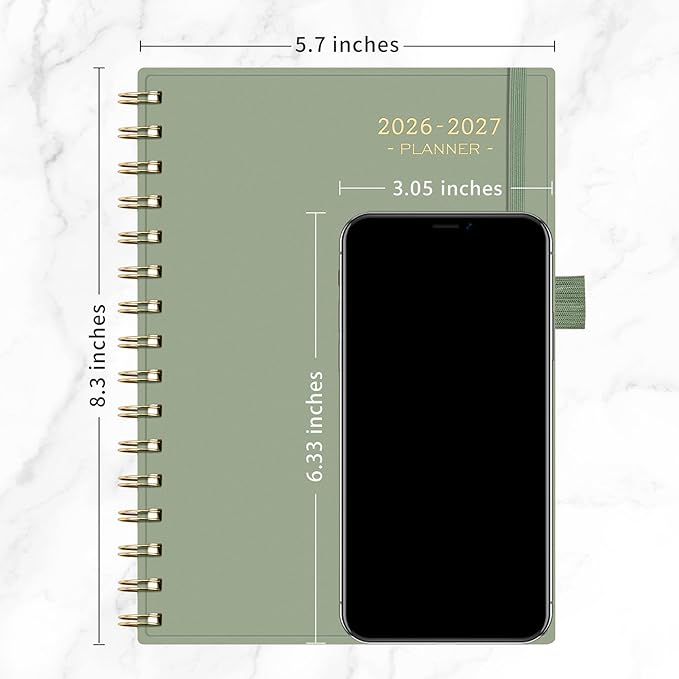 RETTACY Academic Planner 2026-2027, Weekly and Monthly, July 2026 - June 2027, Medium Size (5.7" x 8.3"), Calendar, Agenda, 12-Month Tabs, for Student, Teacher, School (Light Green)