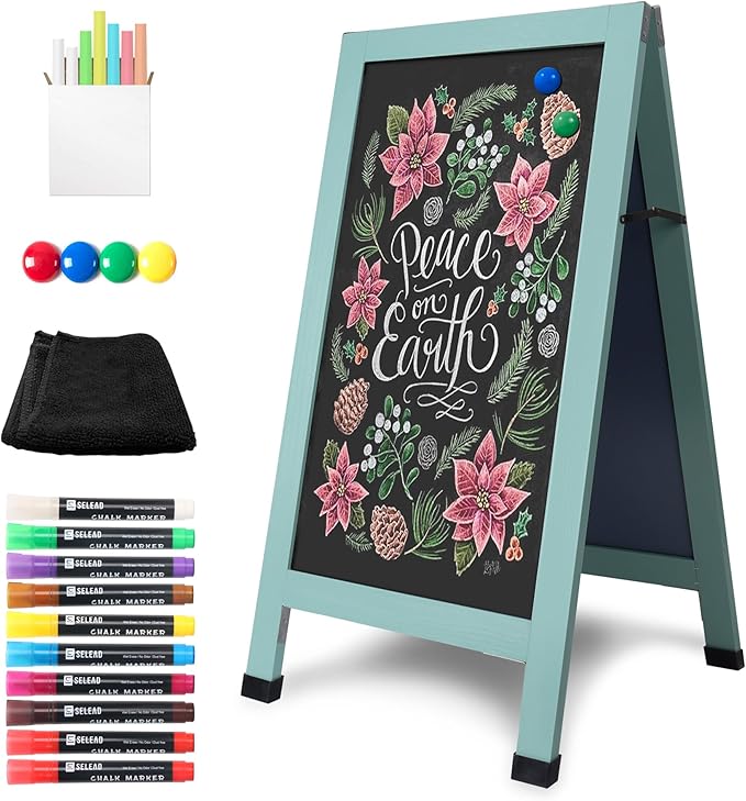 SELEAD Solid Wood A-Frame Chalkboard - 40" x 20" Magnetic Sandwich Board Signs Outdoor Standing Chalk Board Easel Sidewalk Pizarra for Business, Wedding, Garden - Green