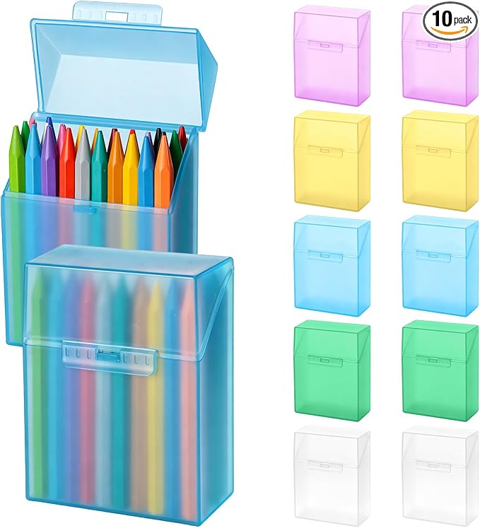 10 Pieces Plastic Crayon Box Clear Crayon Holder Case 24 Crayons with Hinged Lid and Snap Closure for School Classroom Office Art Craft Supply (10 PCS, Multicolored)