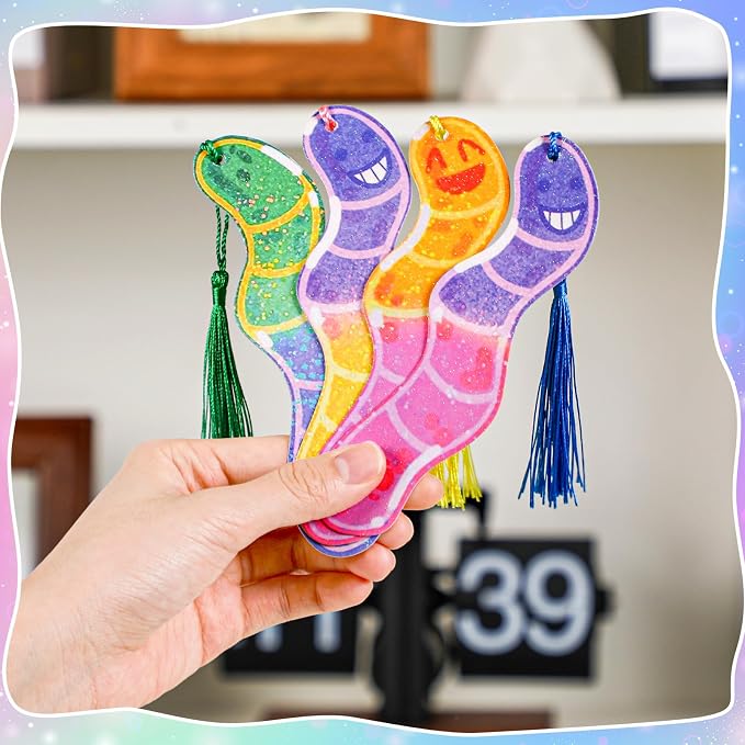 Ctosree 100 Pack Worm Bookmarks Bulk 50 Pcs Holographic Glitter Gummy Bookworm Bookmark and 50 Pcs Tassel for Book Lovers Bookworm Fun Book Marks for Reading Adults Funny Gift Party Favor