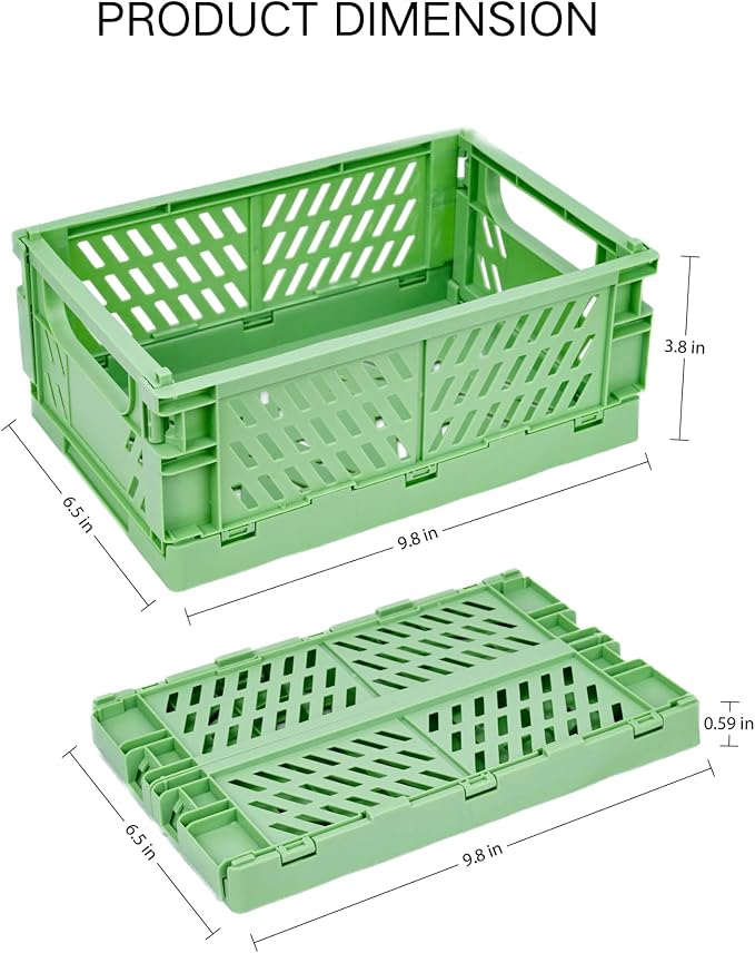 2 Pack Plastic Storage Collapsible Crate Organizer Basket Bin for Organizing Desk Drawer Shelf for Home Kitchen Bedroom Bathroom and Dorm Storage, 9.8x6.5x3.8in, Green