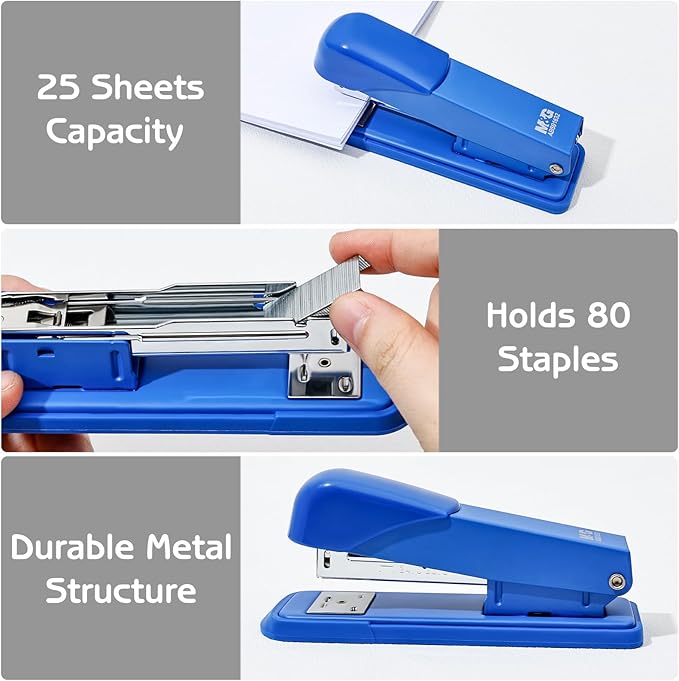 M&G Desktop Staplers, Desk Stapler with 2000 Staples, 25 Sheets Capacity, Metal Office Staplers for School Office Home, No Jam, Non-Slip (Blue)