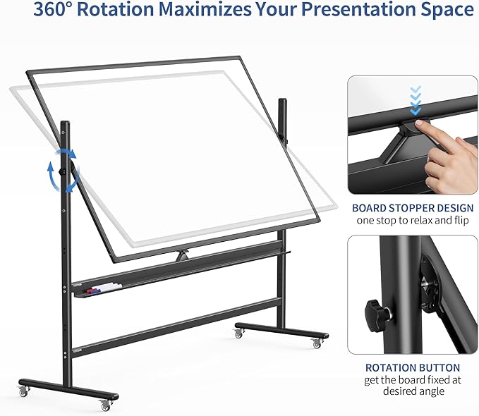 72" x 48" Double-Sided Mobile Whiteboard with Stand, Extra Large Rolling Magnetic Dry Erase Board, Reversible Black Frame Whiteboard for Office, Classroom, Heavy-Duty Presentation Easel