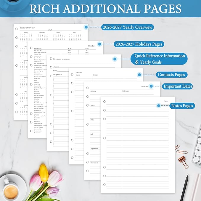 2026-2027 Weekly & Monthly Planner Refill, A4 Letter Size Inserts for 3 Ring Binder, Size 5, 8.5"x11", July 2026 - June 2027, 7/3-Hole Punched