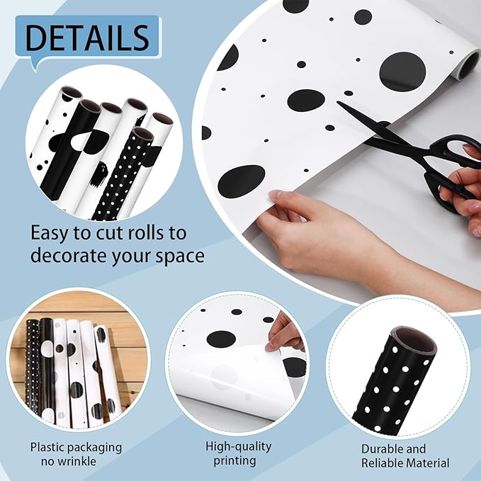 Skyygemm 6 Rolls Classroom Bulletin Board Paper Roll Polka Dot 4 x 12 ft Fade Resistant Colored Background Paper Bulk for Art Decor Drawing Craft(Black White)