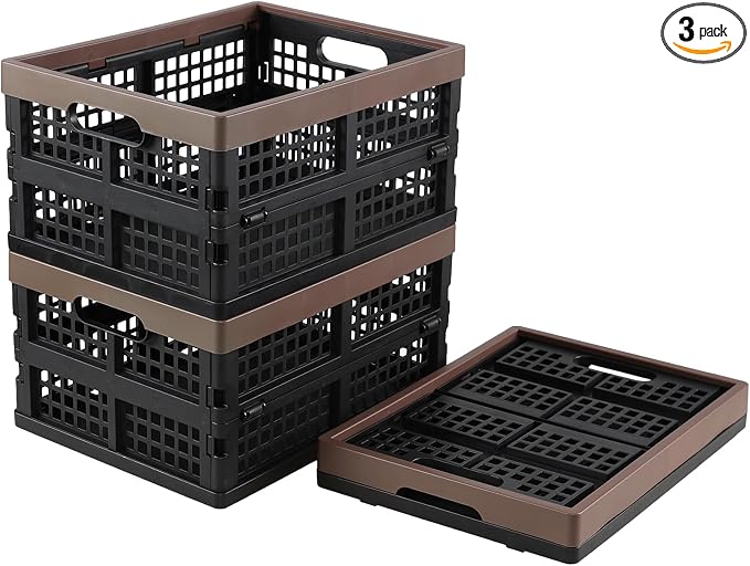 Set of 3 Plastic Collapsible Storage Crate, 15 L Stackable Folding Storage Crates with Handles, Foldable Shelf Storage Baskets