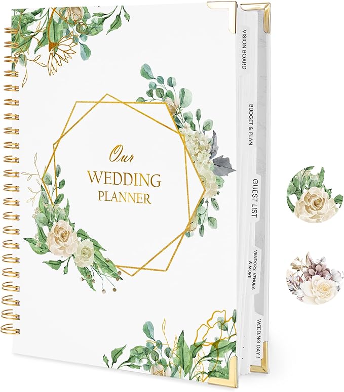 Wedding Planner Book and Organizer for the Bride, 9x12" Wedding Planning Book with 5 Tabbed Sections, Pockets, Checklists, Calendars, Countdown, Metal Corner, Engagement Gifts for Couples, Floral