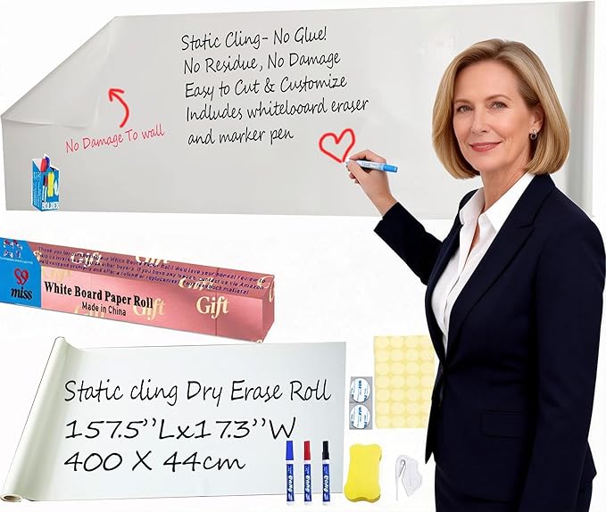 17.3"x157.5" White Board Paper Roll - Dry Erase Board Alternative,No Glue Static Cling White Board Sticker for Wall, Glass, School & Office | Easy-to-Install Portable Dry Erase Paper