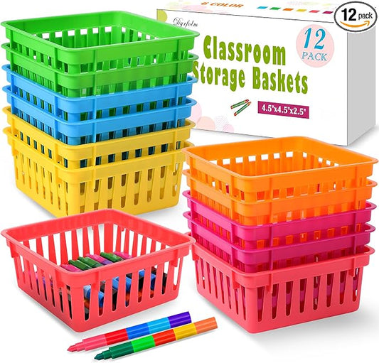12 Pack Classroom Storage Baskets,Colorful Classroom Storage Bins,Small Plastic Organizer Basket,Crayon Pencil Containers Organizer Bins for Desk,Home,Office(4.5" L x 4.5" W x 2.5" H)