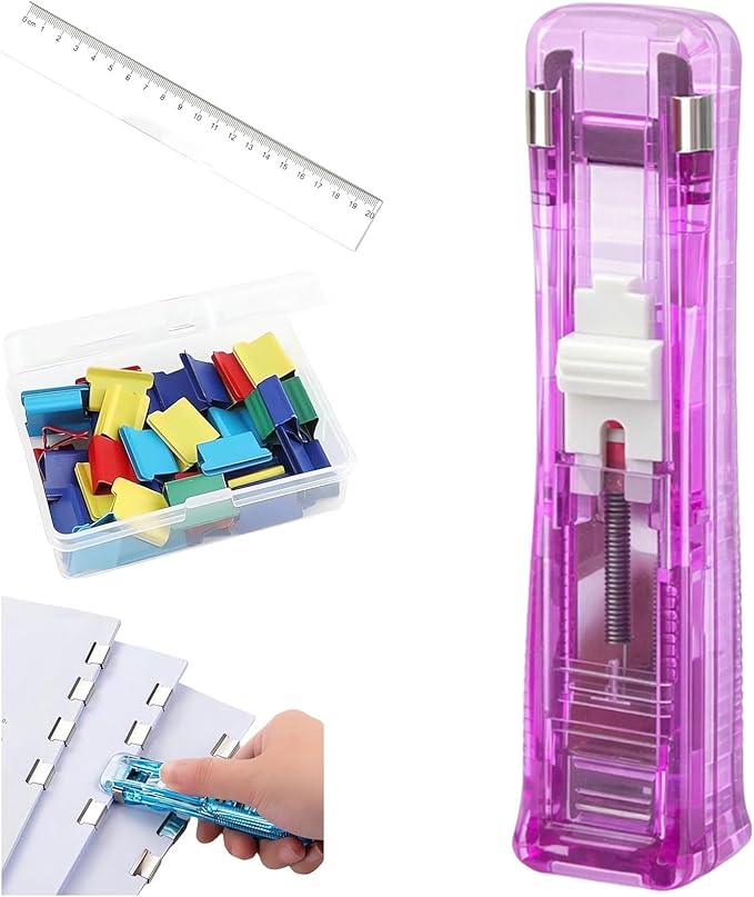 Portable Binder Clip Stapler, Includes 50 Reusable Clips, Push Clip Stapler, Small Binding Office Supplies Handheld Staplers Staples Set, Binder Clips Paper Clamps (D)