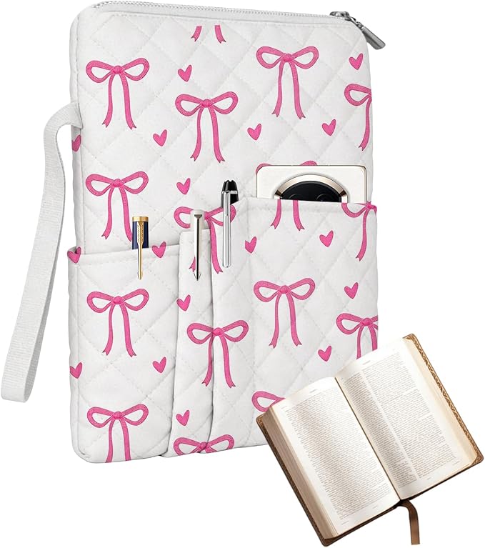 Pink Bow Bible Covers for Women with Zipper and Handle, Quilted Bible Case Floral Book Sleeve with 4 Pockets, Washable Bible Bag, Bible Accessories Gift for Women Girls 10x8 Inch